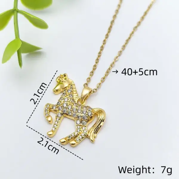 Wholesale Handmade Horse Necklace For Women In 201 Stainless Steel With Golden Plated Electroplated Finish And Zircon Inlay On Cable Chain