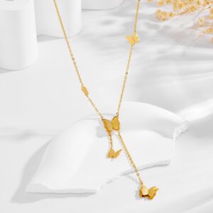 Wholesale Stainless steel gold-plated clavicle necklace with butterfly accessories, pendant, tassel, and chain.