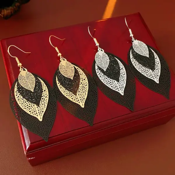 Wholesale Leaf Shaped Hollow Out Multi-Layer Earrings Fashionable Unique Design Personality Exaggeration Small Audience Ear Jewelry