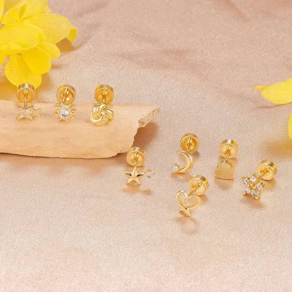 Wholesale Stainless Steel 18K Gold Simple Star Moon Sun Stud Earrings Set Women's Geometric Pattern Diamond Embedded Earring Jewelry