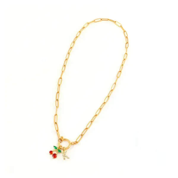 Wholesale Vacuum Plating 18K Real Gold Plated Letter Cherry 201 Stainless Steel Copper Sweet Simple Style Classic Style 201 Stainless Steel Spring Ring Trigger Clasp Closure Pendant Necklace