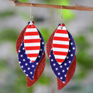 oly-ce167f78fe0a65e903eaf32eba8d5202 Wholesale Cross Border US Independence Day Red Blue White Stars Striped Sequin Triple Blade Pendant Leather PU Double Sided Earrings
