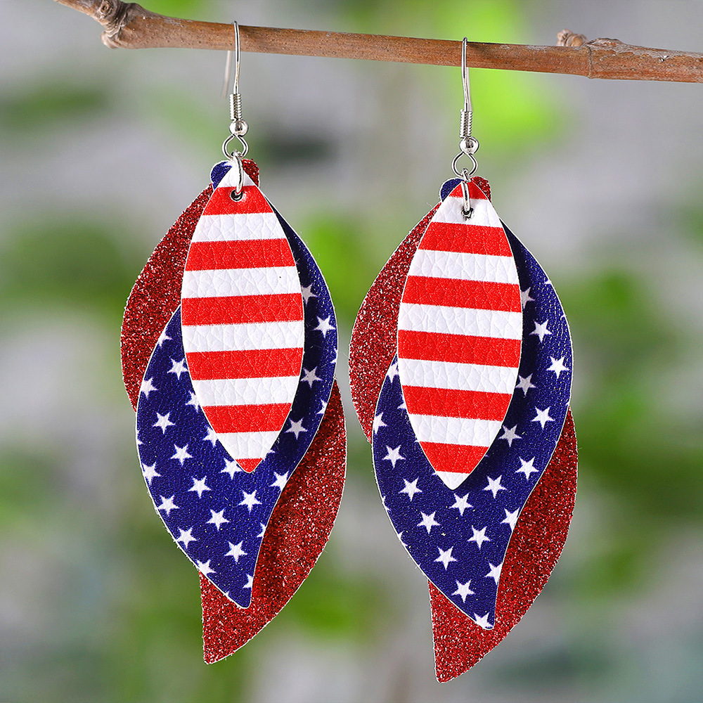 Wholesale Cross Border US Independence Day Red Blue White Stars Striped Sequin Triple Blade Pendant Leather PU Double Sided Earrings
