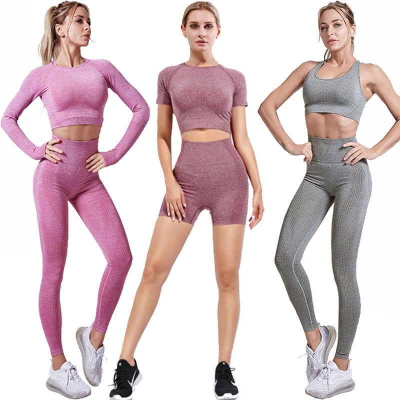 Wholesale Cross-Border Popular Seamless Yoga Clothing Set, Short-Sleeved Jacquard Sports Fitness Clothing, Quick-Drying, Comfortable for Women