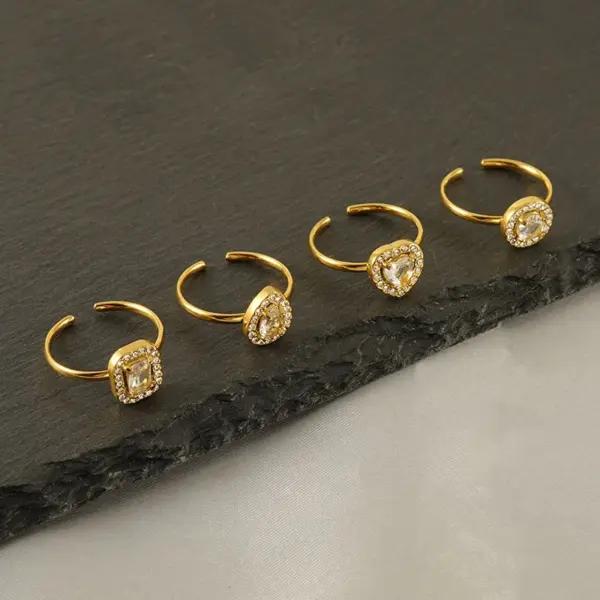 Wholesale PVD Coated 18K Gold Plated Square Water Droplets Heart Shape Stainless Steel Shiny Waterproof Non Tarnish Open Ring