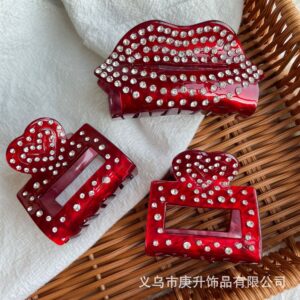 Wholesale Acetic Acid Love Red Lip Grab Clip Heavy Industry Diamond Hair Clip Light Luxury High-end Shark Clip Valentine's Day Hair Accessories Headdress