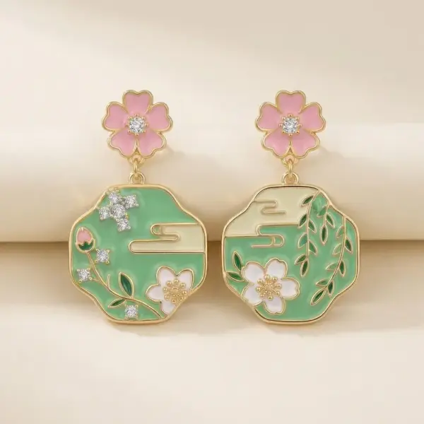 Wholesale Painted Flower Multicolor Stud Earrings In Copper Alloy With 18K Real Gold Plated Finish, Unisex Design