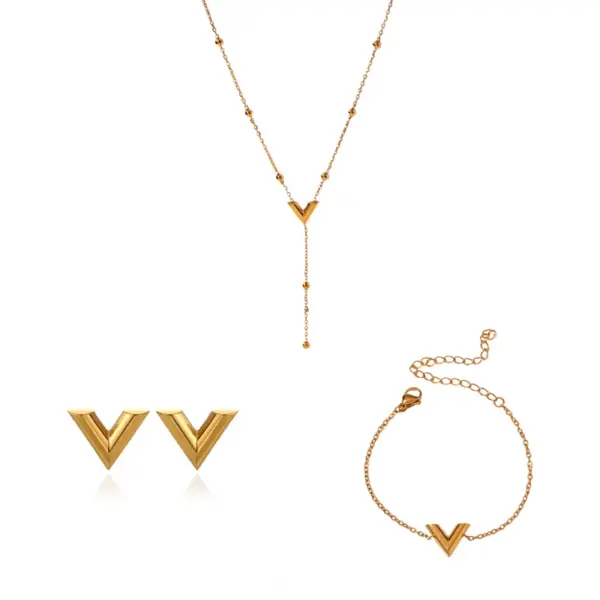 Wholesale 3pcs/set Victory V-shaped Jewelry Set 18K Gold Plated Waterproof Stainless Steel Necklace Earrings Bracelet Three-piece Set Simple Elegant Brand Style Jewelry Accessories Wholesale Christmas Birthday Gift Choice