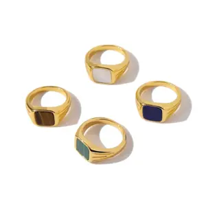 Wholesale Square Brass Ring For Women With Natural Stone Inlay, 18K Real Gold Plated Bezel Setting Featuring Water Plating Process