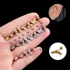 Wholesale 1 Piece Ear Cartilage Rings & Studs Vintage Style French Style Simple Style Crown Flower Butterfly 316L Stainless Steel Copper Waterproof Non Tarnish Surgical Steel Zircon