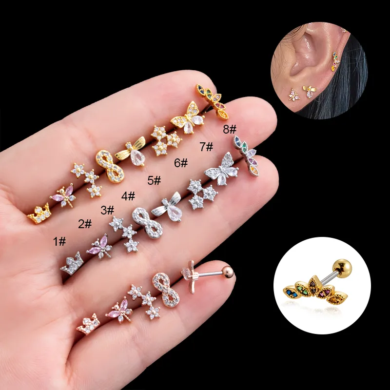 Wholesale 1 Piece Ear Cartilage Rings & Studs Vintage Style French Style Simple Style Crown Flower Butterfly 316L Stainless Steel Copper Waterproo