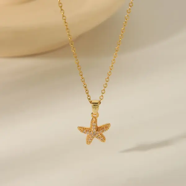 Wholesale 304 Stainless Steel Copper 18K Gold Plated Beach Simple Style Inlay Starfish Shell Fish Tail Artificial Pearls Zircon Pendant Necklace