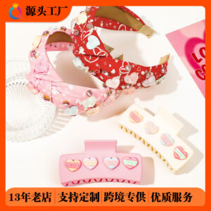 Wholesale Qiyue Cross-Border Valentine's Day Headband Pink Love Hairpin Fabric Wide-Brimmed Headband Women's Grabber Shark Clip