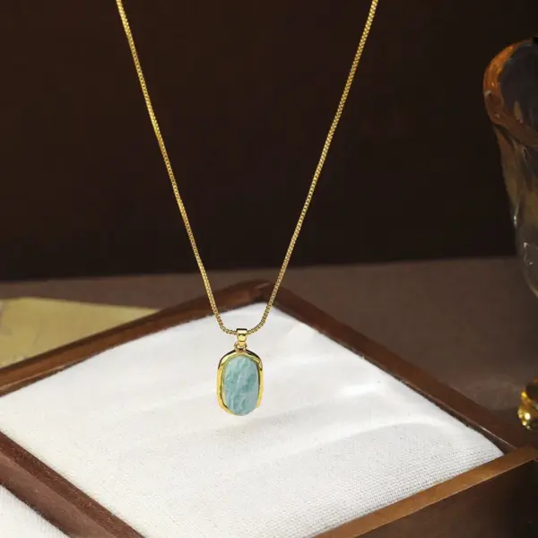 Wholesale Geometric Necklace For Women With Amazonite Inlay, Copper Base, 18K Real Gold Electroplated Bezel Setting And Box Chain