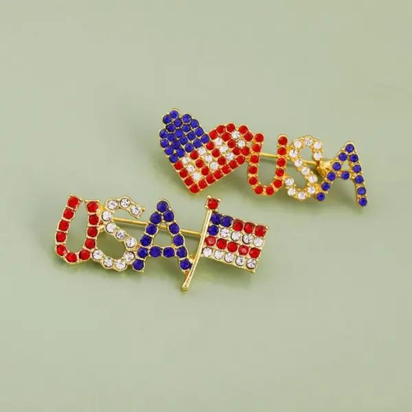 Wholesale Fashionable Alloy Diamond Embedded Heart Shaped Lapel Pins Women's Clothing Accessories USA Flag Letter Brooch Pin Trendy Geometric Pattern