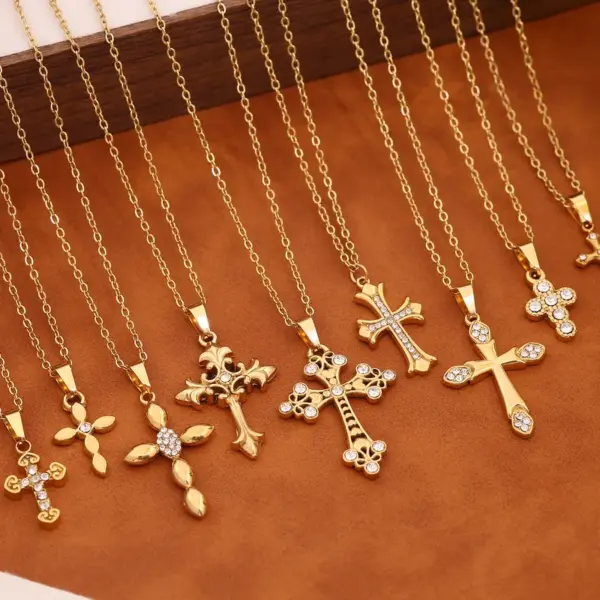 Wholesale Hypoallergenic Women's Cross Pendant Necklace In 304 Stainless Steel With 18K Gold Plated PVD And Rhinestone Inlay