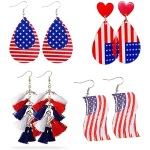 Wholesale Independence Day Dangle Earrings Set Red Blue White Tassel Drop Earrings American Flag Geometric Pattern Wooden Jewelry For Women