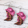Wholesale Western Style Pink Denim Hat Cowboy Boots Pendant Earrings Women's Wooden Double-sided Earrings
