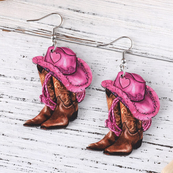 Wholesale Western Style Pink Denim Hat Cowboy Boots Pendant Earrings Women's Wooden Double-sided Earrings