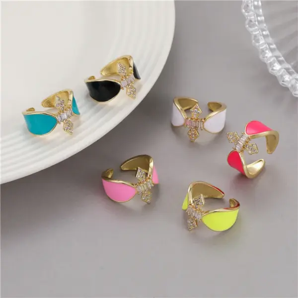 Wholesale Women’s Bow Tie Open Rings Featuring Enamel Craft And Zircon Inlay, Electroplated Copper Material
