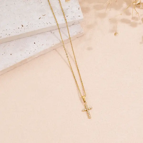 Wholesale Women’s Cross Pendant Necklace With Machine Inlaid Rhinestones, 18K Real Gold Plated 304 Stainless Steel, PVD Coated Cable Chain