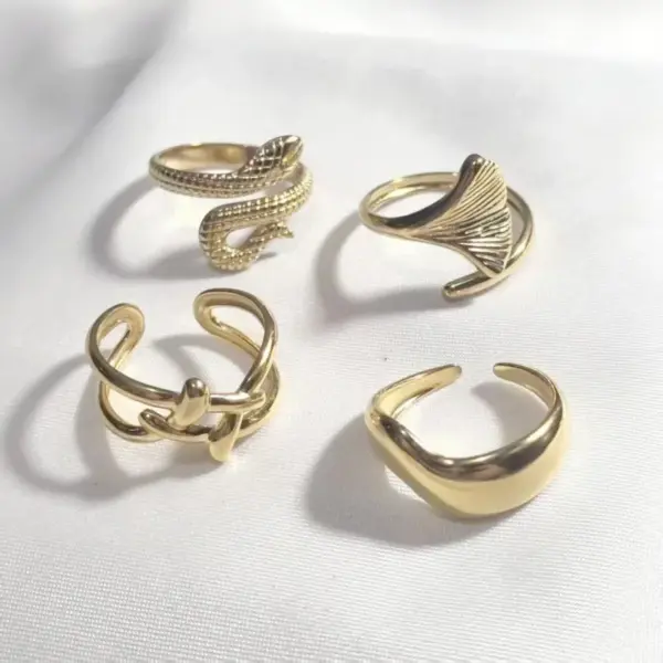Wholesale Plasma Plated Steel Color 304 Stainless Steel Open Ring Snake-Shaped Cross Ginkgo Leaf Waterproof Non-Fading For Women