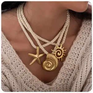 Wholesale Ion Plating (IP) 18K Gold Real Gold Plated Sun Starfish Conch 304 Stainless Steel Vacation Marine Style Waterproof Non Tarnish 304 Stainless Steel Lobster Trigger Clasp Closure Pendant Necklace