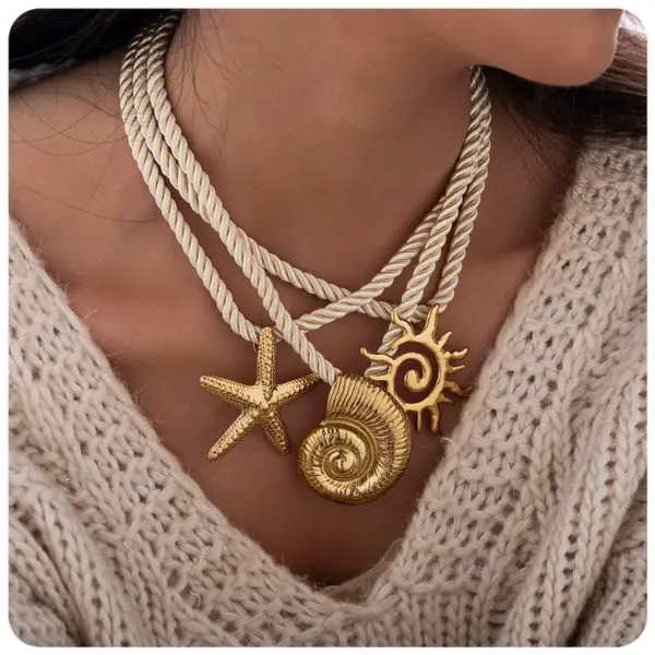 Wholesale Ion Plating (IP) 18K Gold Real Gold Plated Sun Starfish Conch 304 Stainless Steel Vacation Marine Style Waterproof Non Tarnish 304 Stainless Steel Lobster Trigger Clasp Closure Pendant Necklace