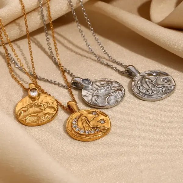Wholesale Jewelry Retro Sun Moon 304 Stainless Steel Rhinestones 18K Gold Plated Plating Inlay Pendant Necklace Cable Chain