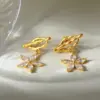 Wholesale Flowers Claw Setting Stud Earrings For Women In 304 Stainless Steel With 18K Real Gold PVD Coated And Zircon Inlay