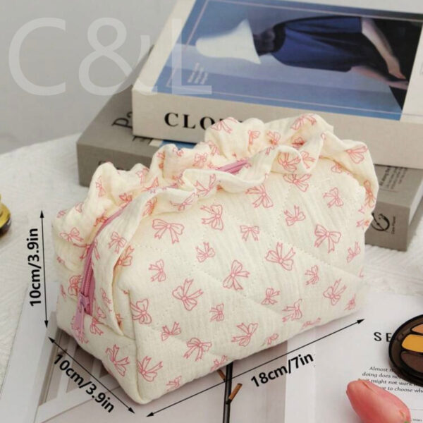 Wholesale Cotton Crepe Fabric Cosmetic Bag Printed Bow Lace Cosmetic Bag Thickened Pleated Cotton Floral Bag