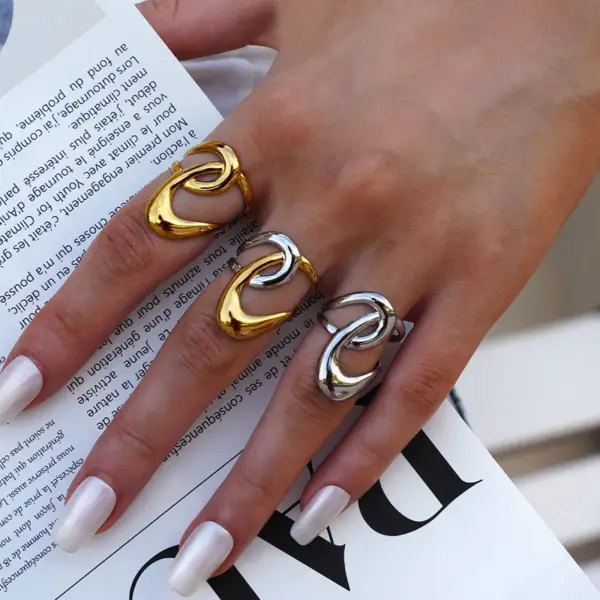 Wholesale Summer Ladies Geometric Lines Stainless Steel Ring Adjustable Size Vacuum Plated 18K Gold Elegant French Style Jewelry Accessory