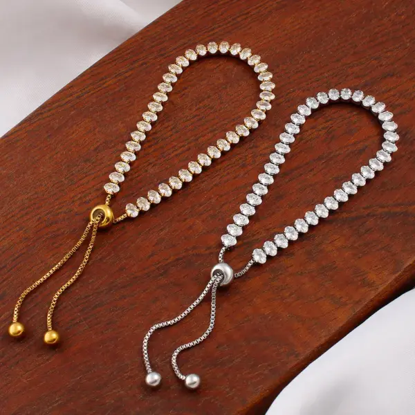 Wholesale Adjustable French Style Full Drill 5mm Oval Zircon Single Row Women's Bracelet Elegant Travel Jewelry Stainless Steel 18K Gold Plated