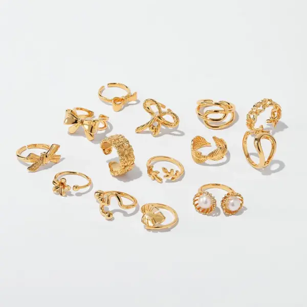 Wholesale Jewelry Lady Classic Style Shiny Bow Knot Copper Pearl Copper 18K Gold Plated Big Bow Pearl Bowknot Adjustable Ring Open Rings Rings