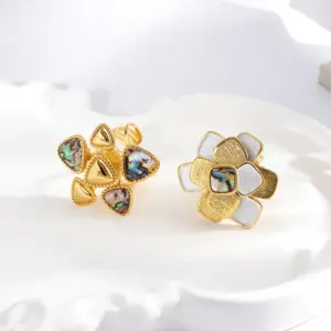 Wholesale 304 Stainless Steel Vacuum Electroplated With Real Gold (In Furnace) Shell Triangle Geometric Lines Flower Contrast Color Open Ring (Jewelry) Waterproof Non-Fading Polished Mixed Metal (Jewelry Metal Contrast Color) Elegant Vacation Style Simple Style Unisex