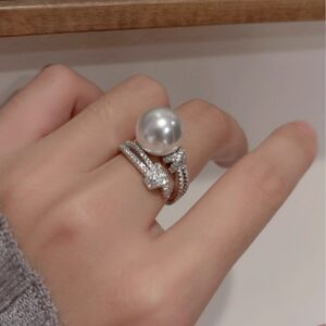 Wholesale S925 Silver Heavy Industry Full Diamond Winding Australian White Single Pearl Ring Women's Noble High-end Light Luxury Open Ring