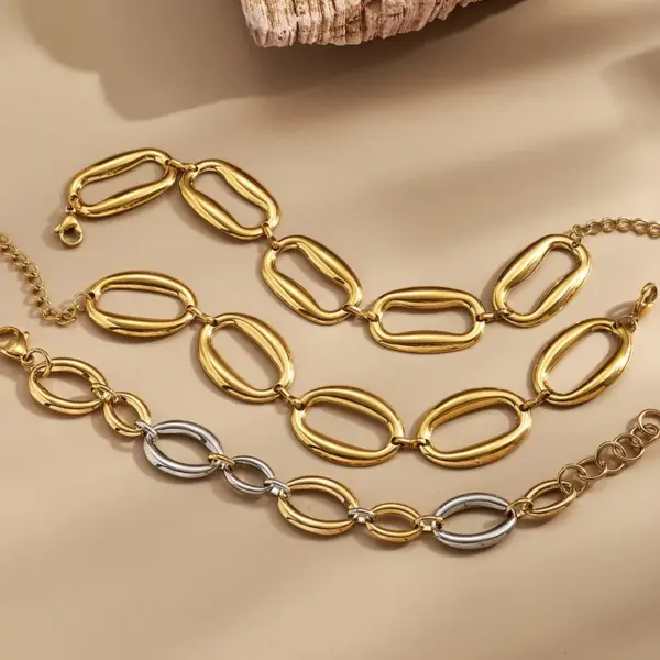 Wholesale 304 Stainless Steel With Real Gold Plating, Electroplated In Furnace, Color-Contrasting Oval Irregular Shape Handmade Bracelet