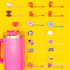 Wholesale Valentine's Day Love Silicone Straw Cap Cute Sweetheart Cartoon Straw Decorative Lid Straw Plug Straw Sleeve Straw Holder