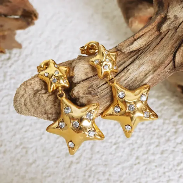 Wholesale 304 Stainless Steel Pentagram PVD Coated Rhinestones 18K Gold Plated Real Gold Plated Luxurious Waterproof Non Tarnish Plating Inlay Earrings