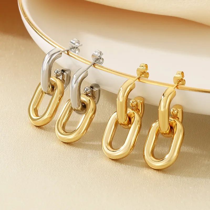 Wholesale Fashionable Geometric Pattern Stainless Steel 18K Gold Plated Hollow Chain Earrings For Women Versatile Daily Wear Jewelry