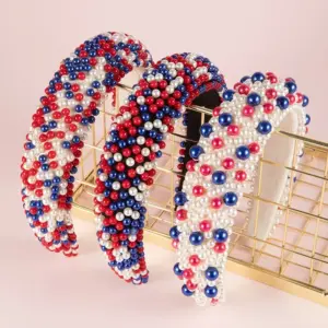 Wholesale Baroque Red White Blue Full Pearl Headband Women's Independence Day Headband High Hair Accessory Lolita