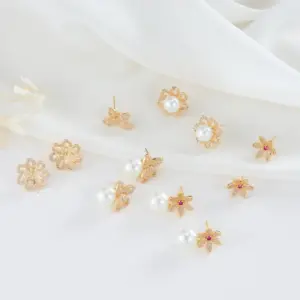 Wholesale 14K Real Gold Plated Copper Flower Stud Earrings With Zircon Inlay Featuring 925 Sterling Silver Ear Pins In New Style