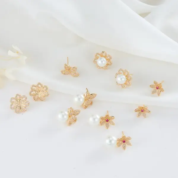 Wholesale 14K Real Gold Plated Copper Flower Stud Earrings With Zircon Inlay Featuring 925 Sterling Silver Ear Pins In New Style