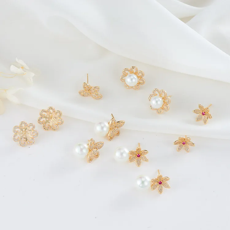 Wholesale 14K Real Gold Plated Copper Flower Stud Earrings With Zircon Inlay Featuring 925 Sterling Silver Ear Pins In New Style