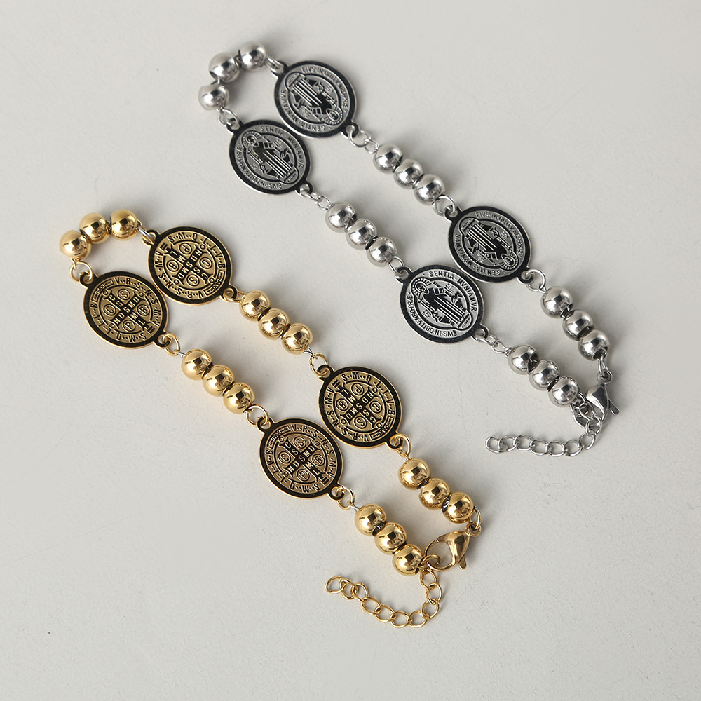 Wholesale Cross-Border Stainless Steel Bracelet Ball Chain Saint Benedict Non-Fading Popular Rosary Bracelet Gold Vacuum Electroplating Color Retentio