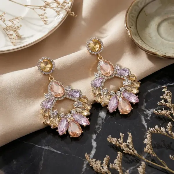 Wholesale Handmade Water Droplets Stud Earrings For Women In Multicolor Zinc Alloy With Rhinestones And 0.03µm-0.05µm Coating Thickness