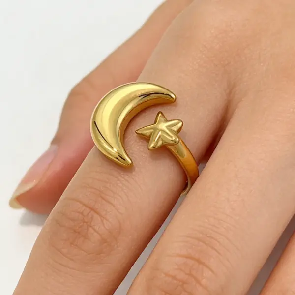 Wholesale Star Open Ring For Women, Waterproof Non Tarnish 304 Stainless Steel With 18K Real Gold Plated PVD Coating And Rhinestones Inlay