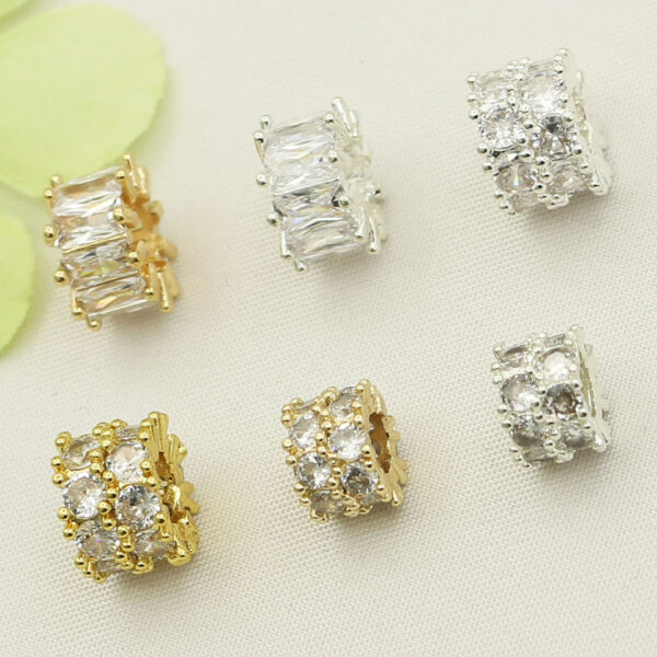 Wholesale Copper plated 18K gold color inlaid zircon double gold bully spacer large hole beads barrel beads wheel beaded bracelet accessories