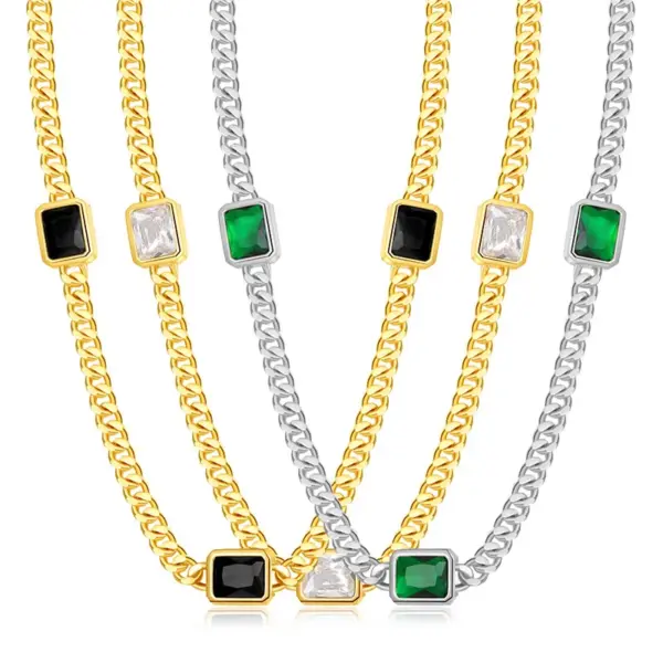 Wholesale Geometric Cuban Chain Link Necklace For Women In Copper With 14K Real Gold Electroplated Finish And Zircon Inlay
