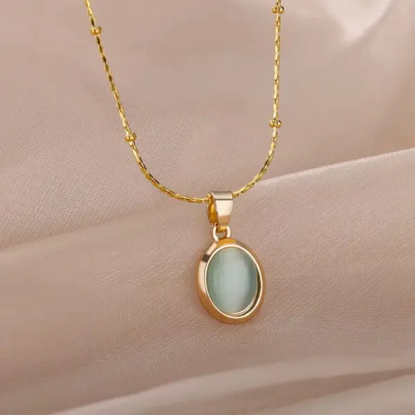 Wholesale PVD Coated Real Gold Plated Geometric 304 Stainless Steel Cat's Eye Stone Elegant Sweet Waterproof Non Tarnish 304 Stainless Steel Lobster Trigger Clasp Closure Pendant Necklace